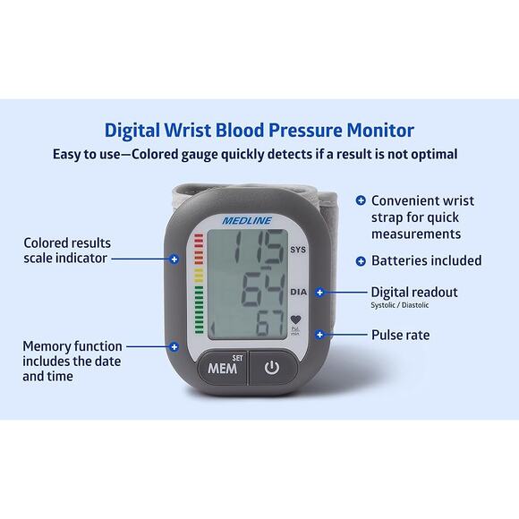 Medline Wrist Blood Pressure Monitor Digital LCD Display Automatic with Memory - Picture 8 of 9